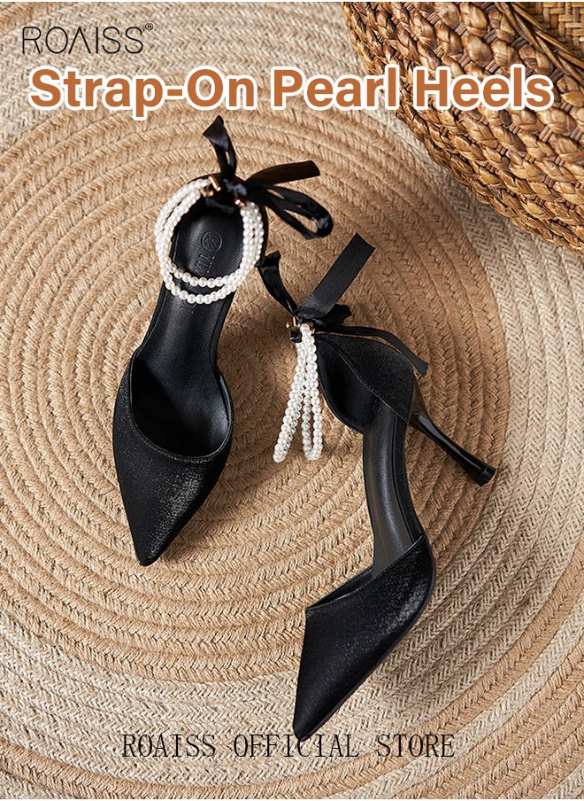 roaiss - Women High Heels with Pearl Strap Pointed Toe Shallow Design Fashionable and Versatile for Daily Commuting - Image 1