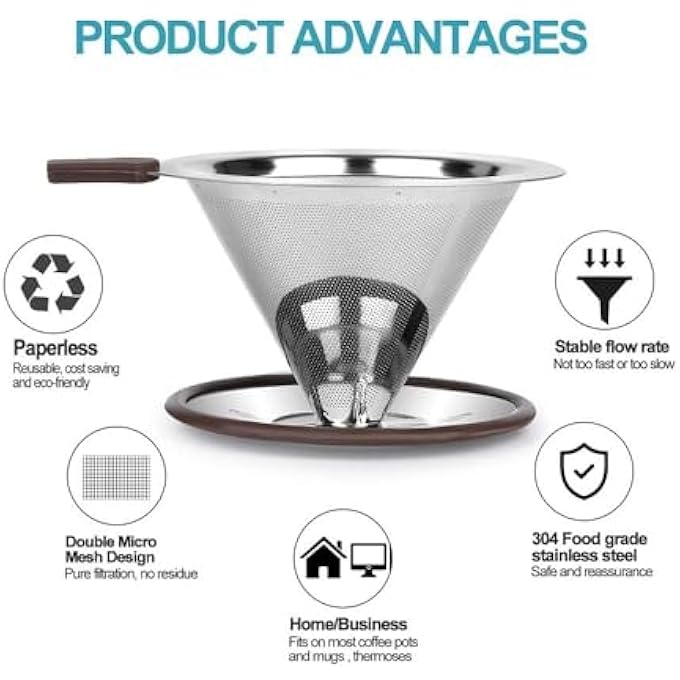 Bukela Pour Over Coffee Dripper Reusable Paperless Coffee Filter Professional Stainless Steel Drip Cone Brew Strainer Upgraded Double Micro Mesh Filter With Cup Stand 12 Cup - Image 3