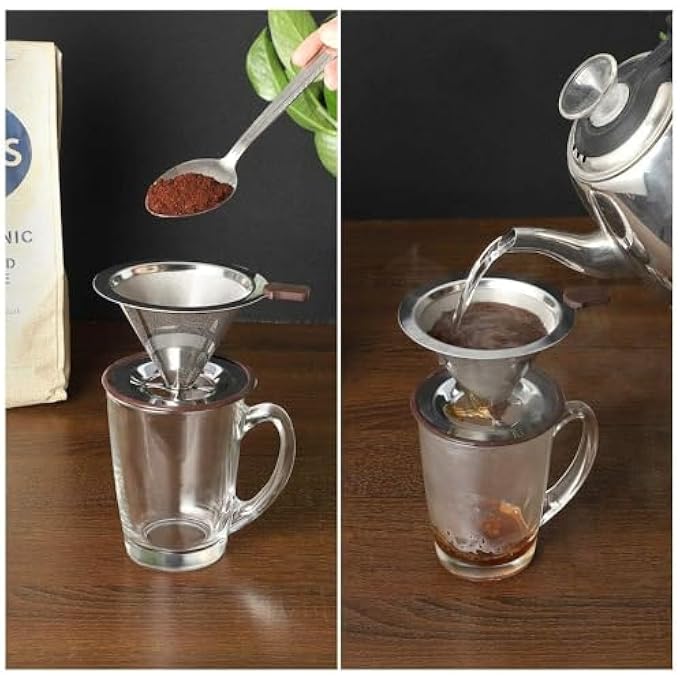 Bukela Pour Over Coffee Dripper Reusable Paperless Coffee Filter Professional Stainless Steel Drip Cone Brew Strainer Upgraded Double Micro Mesh Filter With Cup Stand 12 Cup - Image 5