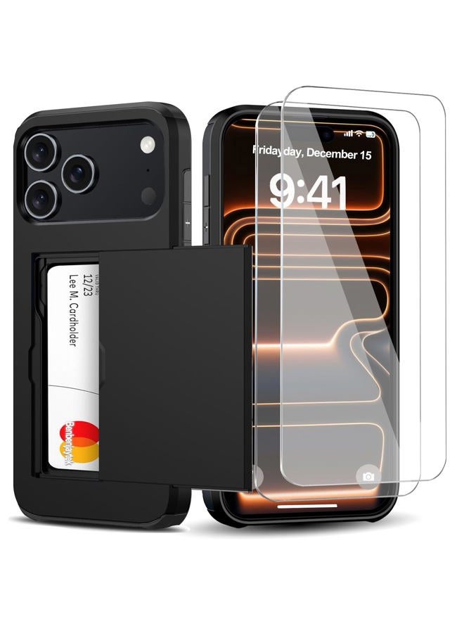 Benbenjaytek for iPhone Pro Wallet Case with Card Holder + 2 Tempered Glass Screen Protector Protective Shockproof Hidden Card Slot Slim Case Women Men for iPhone Pro 6.3 (Black) - Image 1