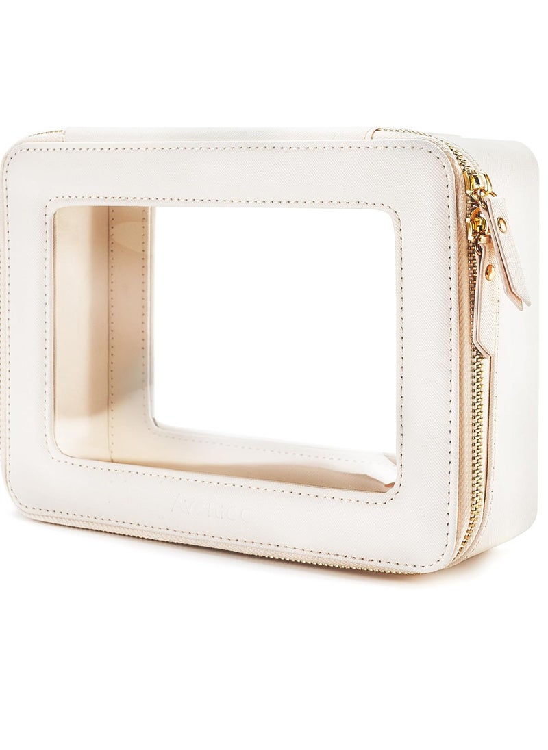 Aveniee - Aveniee Clear Makeup Bag, Travel Cosmetic Case Toiletry Bag, Heavy Duty Make up Organizer for Women, Portable Car Organizer Bag with Clear Windows & Gold Zippers(White) - Image 1