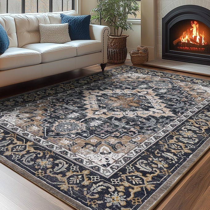 AREA RUGS 5X7 MACHINE WASHABLE AREA RUG SUPER SOFT FAUXWOOL AREA RUGS FOR LIVING ROOM BEDROOM KITCHEN BOHO VINTAGE FLORAL NONSLIP LOW PILE KID PET FRIENDLY BLACK BROWN