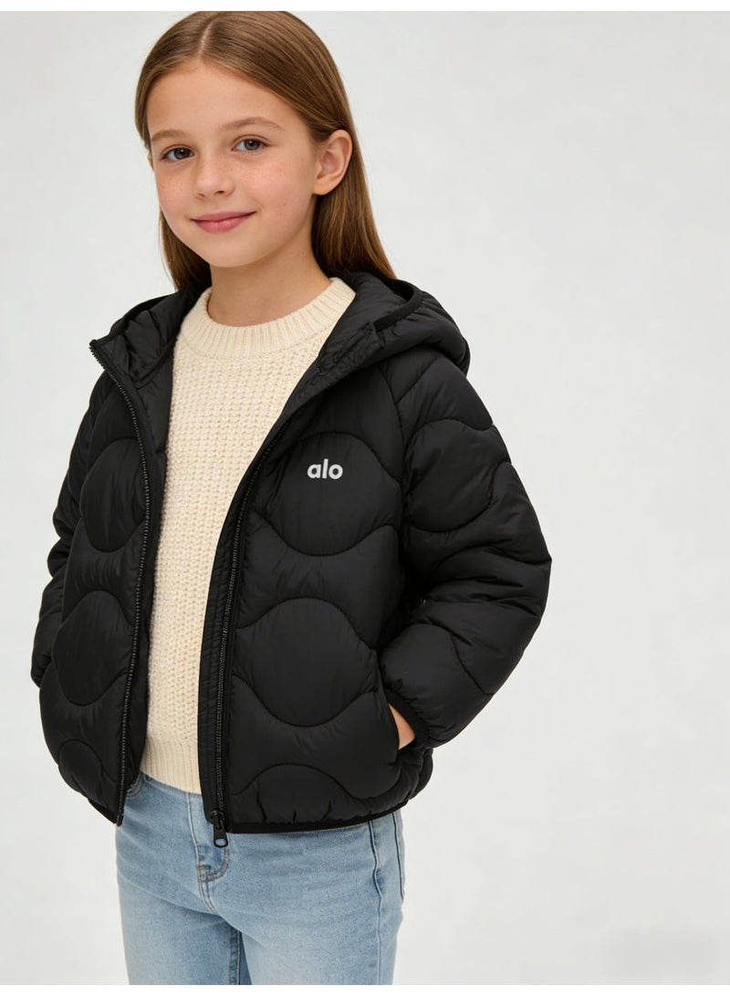 Alo Yoga Alo girls' black quilted short cotton jacket with hood and white "Alo" logo - Image 1