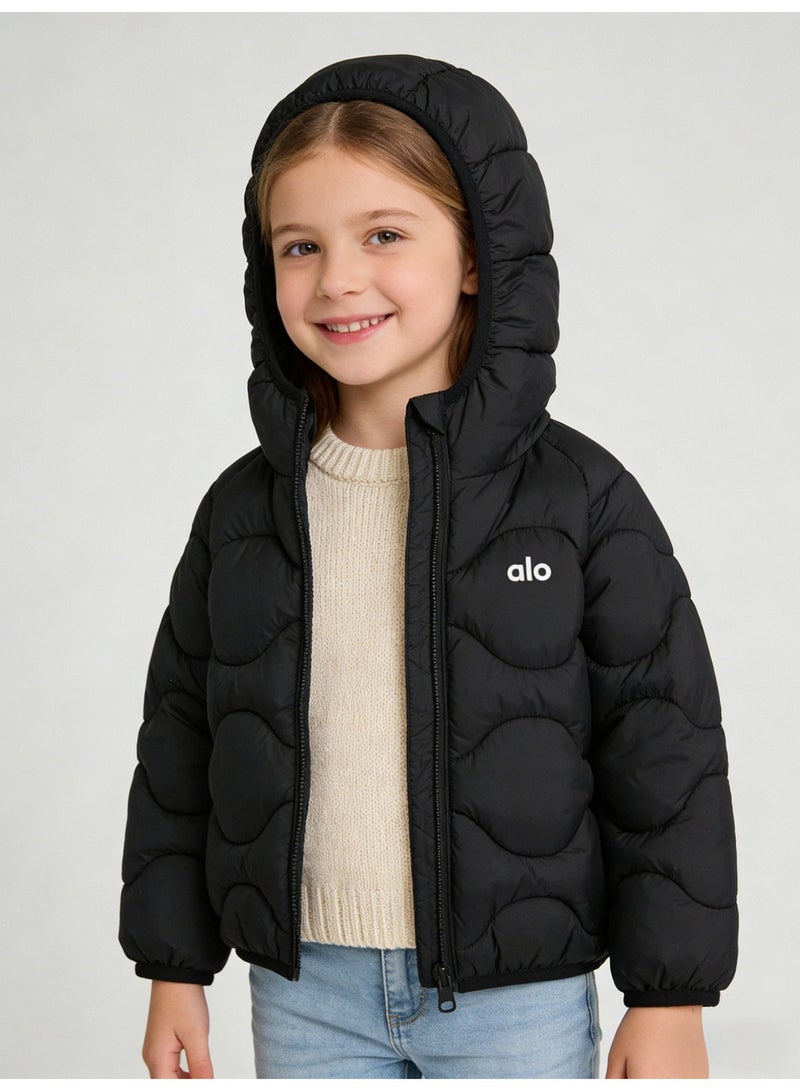 Alo Yoga Alo girls' black quilted short cotton jacket with hood and white "Alo" logo - Image 3