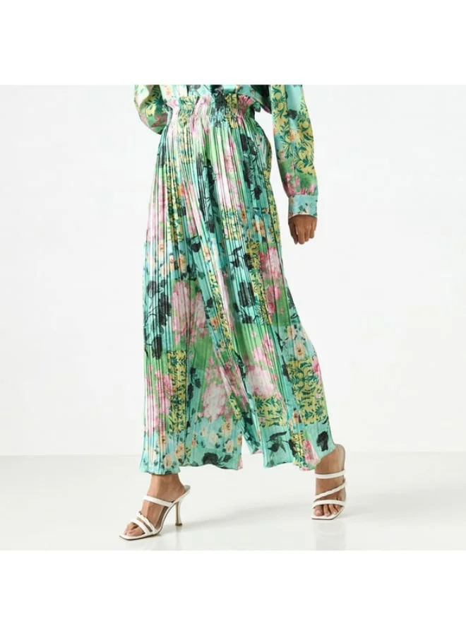 2Xtremz 2Xtremz Floral Print Pleated Palazzo Pants with Elasticated Paperbag Waist