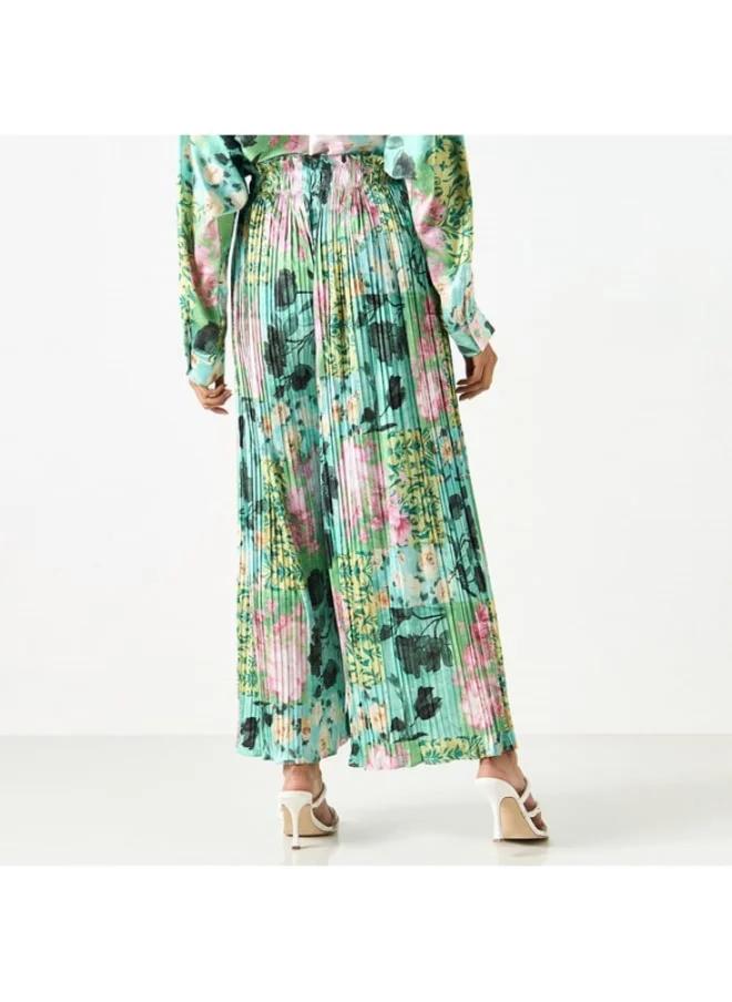 2Xtremz 2Xtremz Floral Print Pleated Palazzo Pants with Elasticated Paperbag Waist