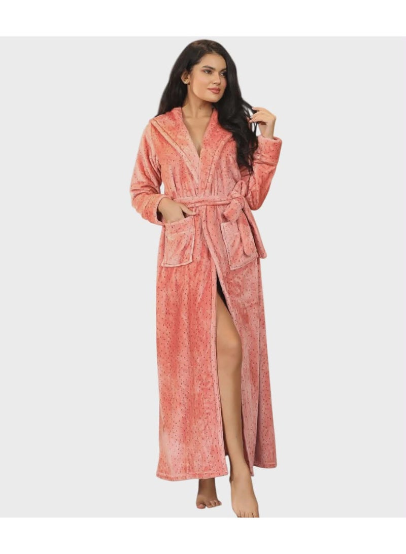 Fleece women long robe with waist belt - Image 1