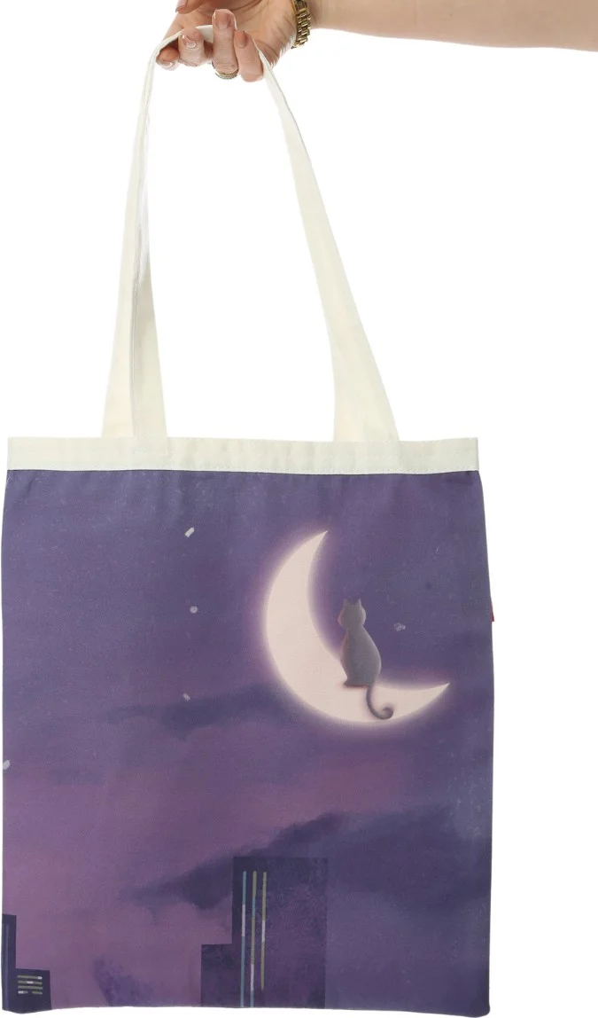 باجهاشتاج Cat Sitting on the Moon Printed Cloth Bag