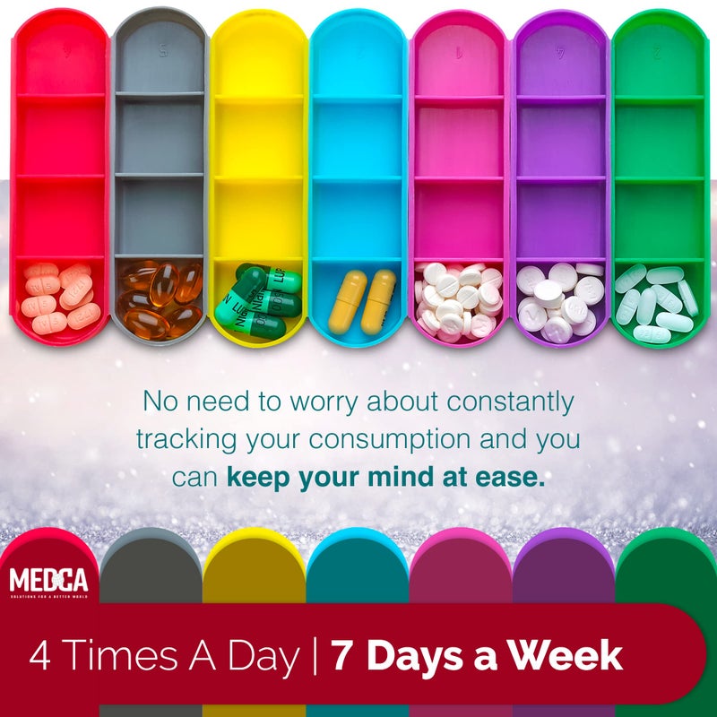 MEDca Weekly Travel Pill Organizer - Prescription and Medication Wallet Pill Box Reminder, Pill Container Dispenser Case, Vitamin Caddy Organizer, for 4 Times A Day, 7 Days a Week - Image 2