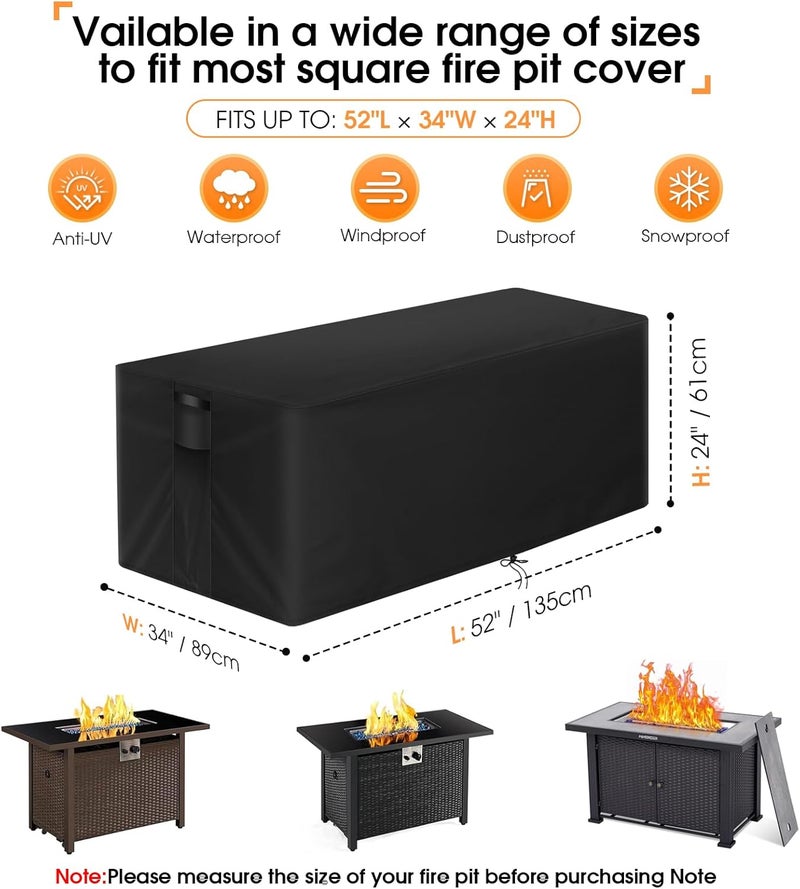 POMER Fire Table Cover Rectangular, 52 in Propane Fire Pit Cover Outdoor Waterproof Rectangle Gas Fireplace Firepit Cover - 52x34x24 inch - Image 5