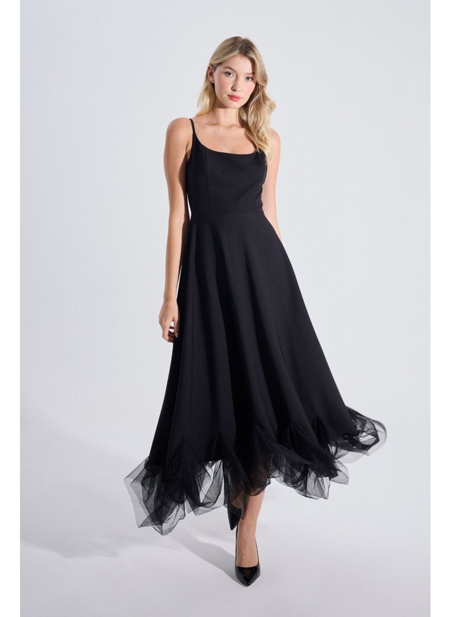 HOX'S Katniss | Thin Straps Long Flared Dress with Tulle Detail at Hem - Black  - Image 1