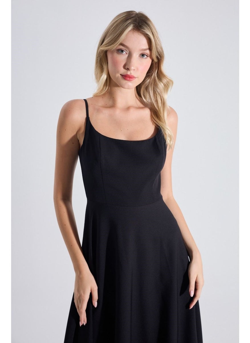 HOX'S Katniss | Thin Straps Long Flared Dress with Tulle Detail at Hem - Black  - Image 4