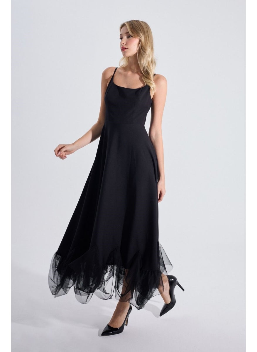 HOX'S Katniss | Thin Straps Long Flared Dress with Tulle Detail at Hem - Black  - Image 5