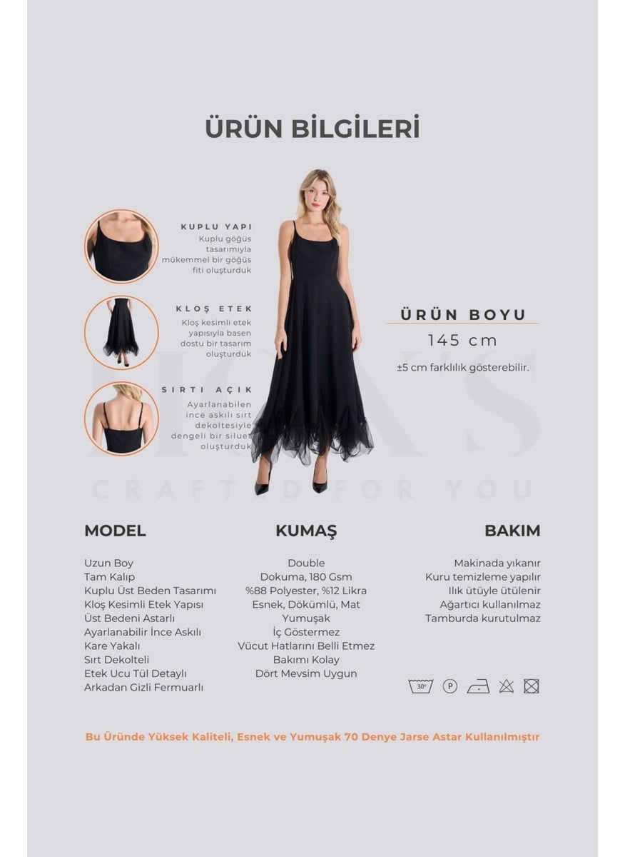 HOX'S Katniss | Thin Straps Long Flared Dress with Tulle Detail at Hem - Black  - Image 3