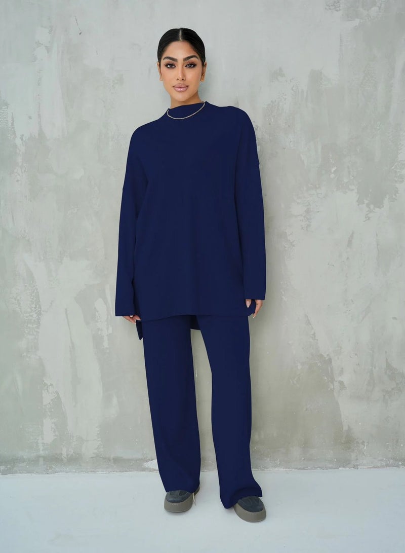 Andy Women's Premium Knitwear Set – Long-Sleeve Tunic Top with Wide-Leg Trousers | Elegant & Comfortable Two-Piece Outfit for Casual or Formal Wear - Navy Blue