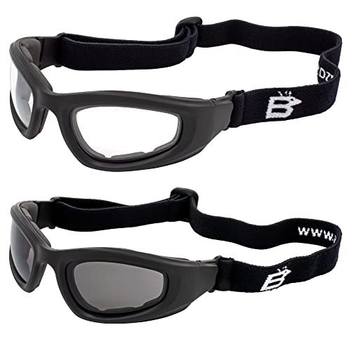 Birdz 2 Pairs of Eyewear Soar Safety Padded Motorcycle Goggles, Black Frames with Clear and Smoke Lenses - Image 1