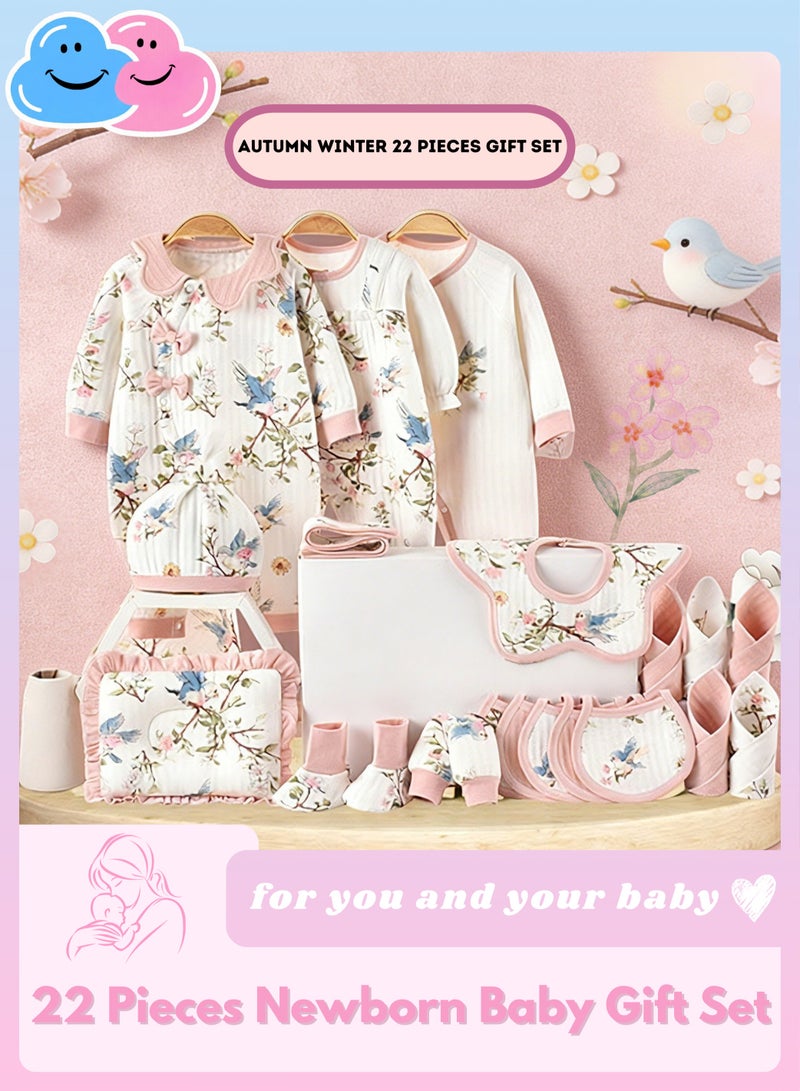 مجموعة هدايا مواليد مكونة من 22 قطعة - مجموعة هدايا للمواليد الجدد، ملابس أطفال، بدلات، إكسسوارات، قبعة، مرايل، وسادة، بطانية، قطن 100%، لفصلي الخريف والشتاء، من عمر 0 ​​إلى 3 أشهر - لون طبيعي - Image 1