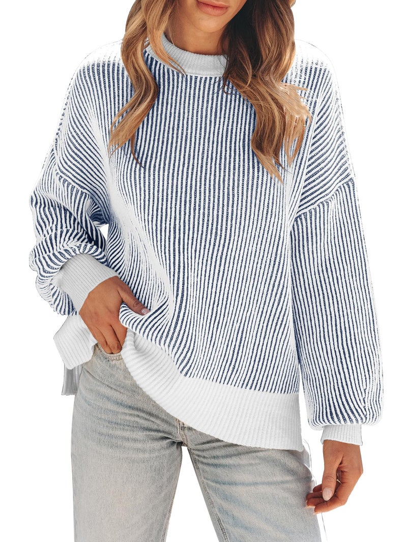 ETCYY Womens Sweaters Fall 2026 Clothes Oversized Long Sleeve Colorblock Striped Knit Pullover Tops Casual Winter Trendy Outfits,Pure Blue,Small - Image 1