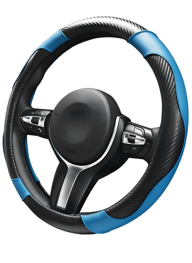 1 Piece Black and Blue 15 Inch Universal Carbon Fiber Microfiber Leather Steering Wheel Cover, Elastic Breathable Anti-Slip Comfortable Protector for Cars, SUVs and Trucks - Image 1