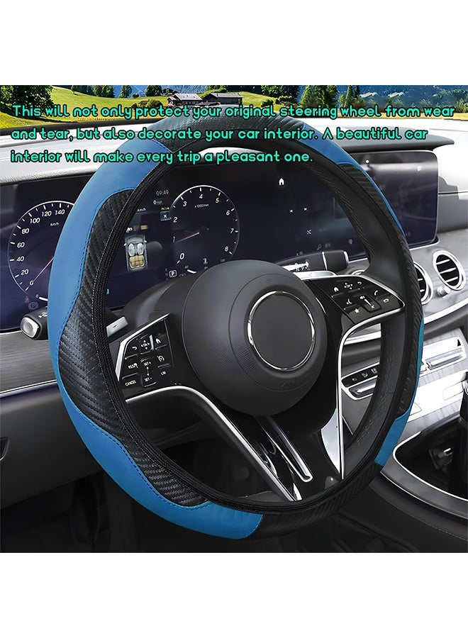 1 Piece Black and Blue 15 Inch Universal Carbon Fiber Microfiber Leather Steering Wheel Cover, Elastic Breathable Anti-Slip Comfortable Protector for Cars, SUVs and Trucks - Image 4