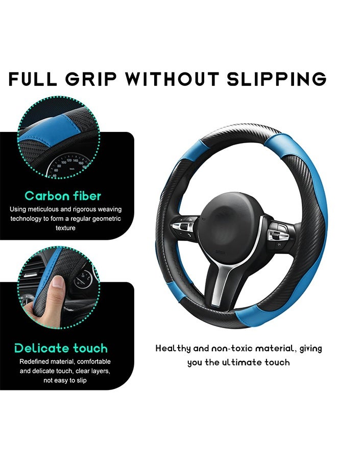 1 Piece Black and Blue 15 Inch Universal Carbon Fiber Microfiber Leather Steering Wheel Cover, Elastic Breathable Anti-Slip Comfortable Protector for Cars, SUVs and Trucks - Image 3
