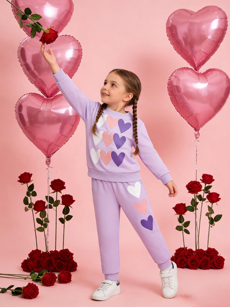 RETSUGO Little Girls Heart Outfit Kids Clothes Set Heart Print Holiday Sweatshirt and Sweatpants Toddler Girl Clothes Fall/Winter Girls Purple Outfits Size 5/6784 - Image 3