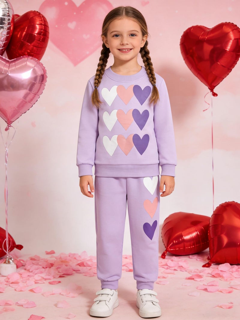 RETSUGO Little Girls Heart Outfit Kids Clothes Set Heart Print Holiday Sweatshirt and Sweatpants Toddler Girl Clothes Fall/Winter Girls Purple Outfits Size 5/6784 - Image 2