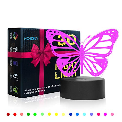 i-CHONY Butterfly 3D Night Light Birthday Gift Illusion Lamp, 7 Colors Auto Changing Table Desk Lamp - with Touch Switch & Remote Control & USB Cable Butterfly Light - Gifts for Women Teens Girls - Image 3