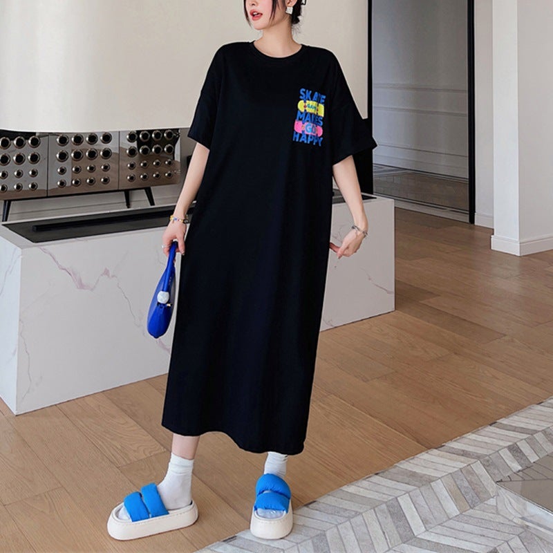 Korean Plus Size Summer Dress Split Long Tee Women Black - Image 1