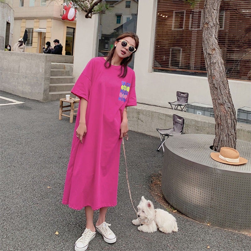 Korean Plus Size Summer Dress Split Long Tee Women Black - Image 2