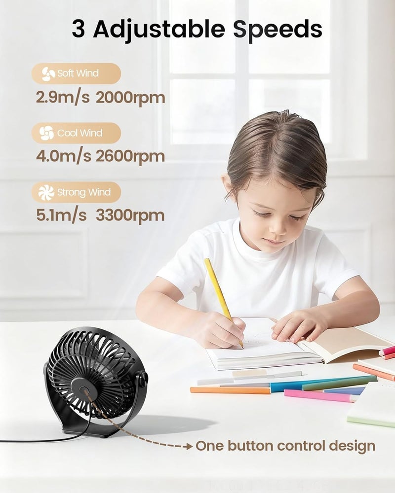 TriPole Mini Desk Fan USB Powered Portable Fan, 3 Speeds Strong Airflow, 360°Adjustable Angle, Quiet Plug In Electric Fan for Desktop, Small Table Fan for Majlis, Home, Office, Bedroom & Travel, Black - Image 2