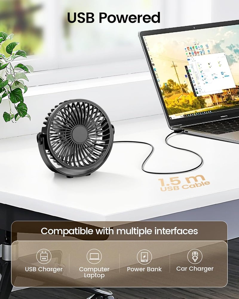 TriPole Mini Desk Fan USB Powered Portable Fan, 3 Speeds Strong Airflow, 360°Adjustable Angle, Quiet Plug In Electric Fan for Desktop, Small Table Fan for Majlis, Home, Office, Bedroom & Travel, Black - Image 4