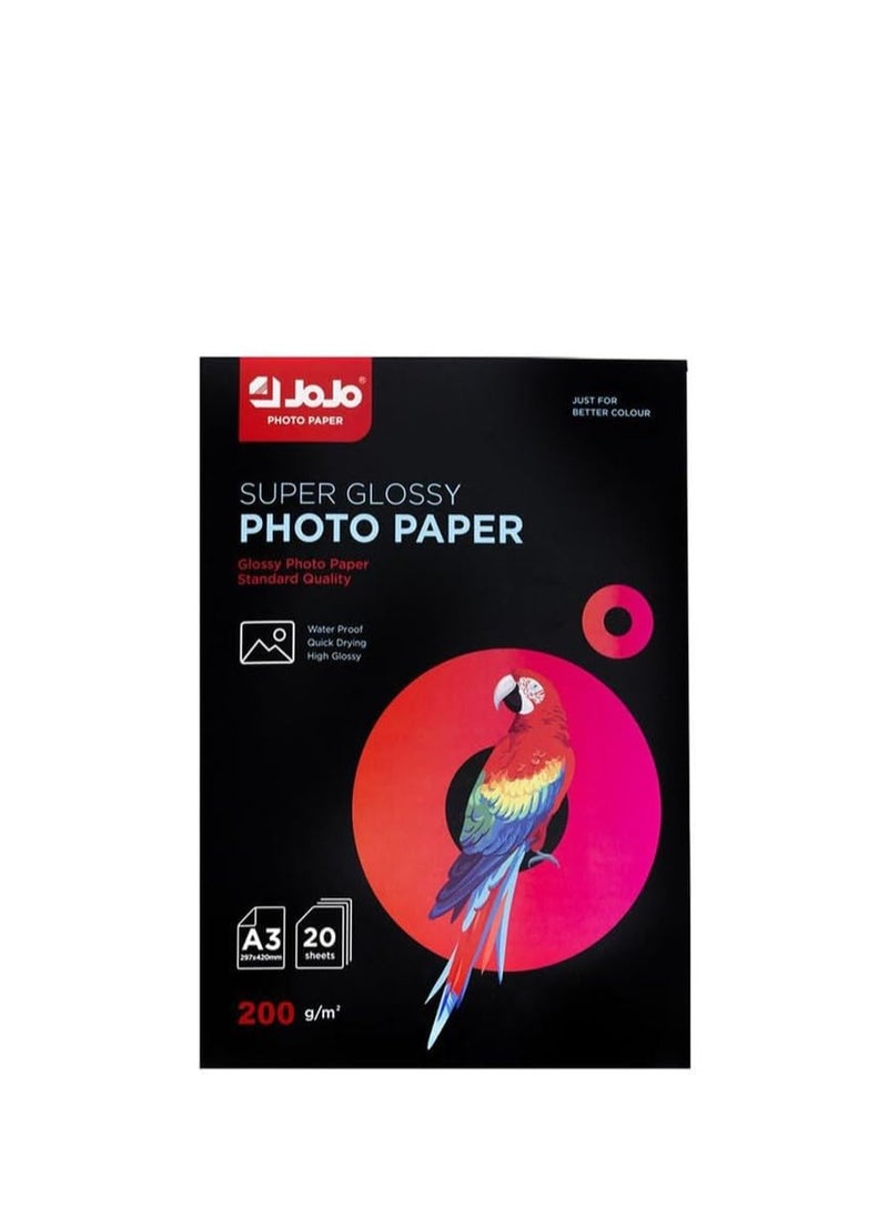 JOJO Jojo Super Glossy Waterproof Photo Paper, 20 Sheets, A3 Size  - Image 1
