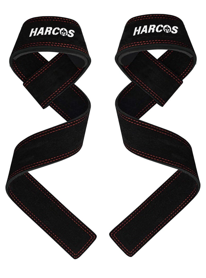Harcos Premium 100 % Genuine Leather Weightlifting Gym Straps with 5mm Neoprene Padded Wrist Support Heavy Duty Double Stitched, Deadlifting, Powerlifting Gym Accessories for Men and Women with 54 CM Hand Bar Grip Extra-long length (Black) - Image 1