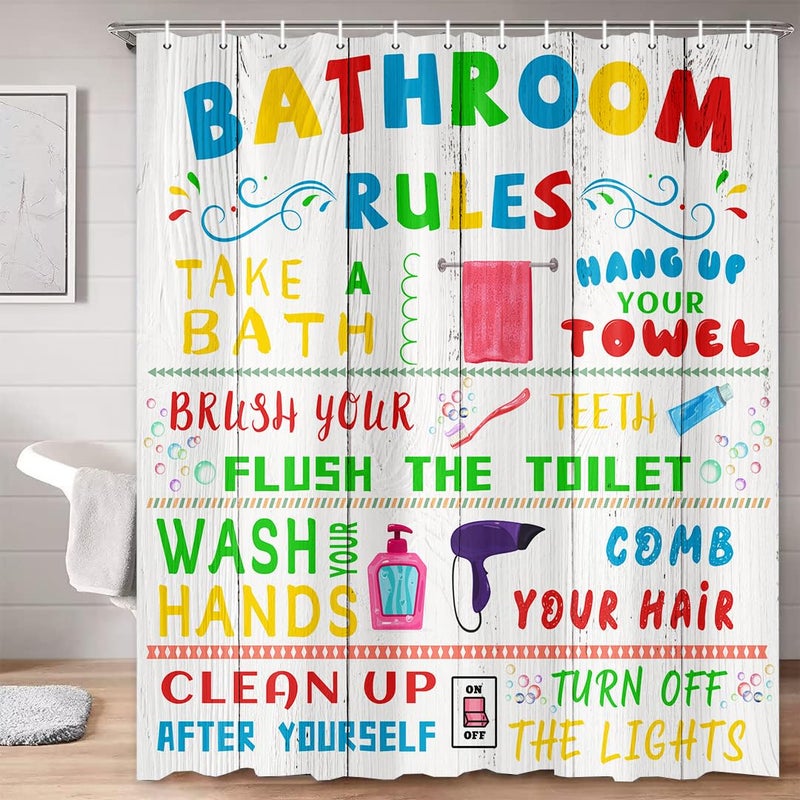 Pinpai Kids Shower Curtain, Funny Teen Boy Girl Shower Curtain Set for College Dorm Bathroom, Cute Colorful Bathroom Rules Fabric Shower Curtain Restroom Bathtub Decor Accessories with Hooks 72X 72 inch - Image 4