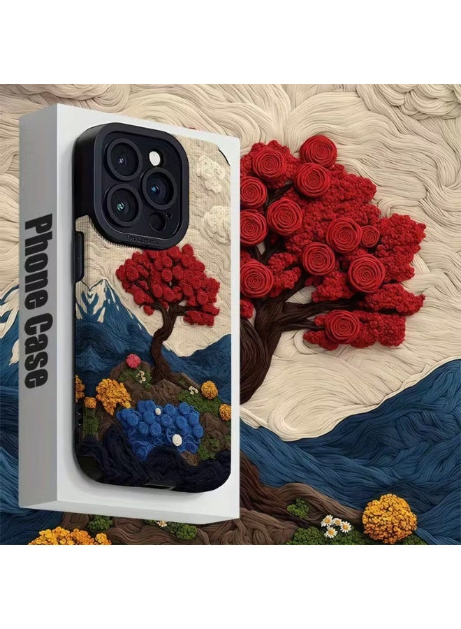 Temu 3D Artistic Landscape and Red Rose Tree Pattern Phone Case for iPhone 14 Pro - Shockproof, Dirt-Resistant, Full Coverage Phone Protection - Image 1
