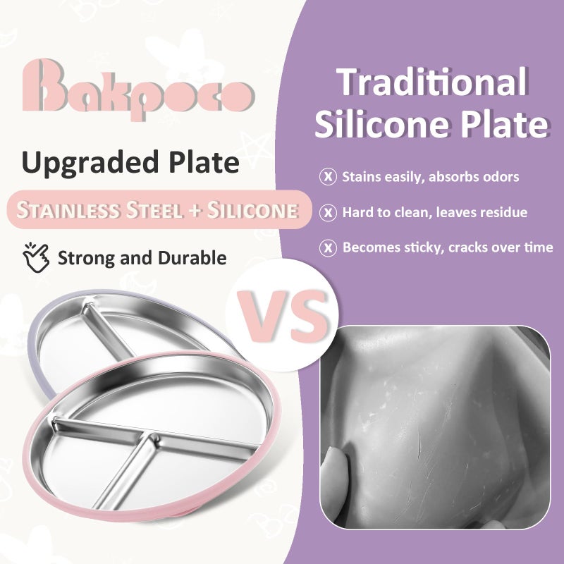 Bakpoco Stainless Steel Suction Plates for Toddlers, 9" Divided Kids Baby Plates with Removable Silicone Suction, Non Toxic Non Slip Portion Control Snack Dishes 3 Packs, Pink Beige Lilac - Image 3