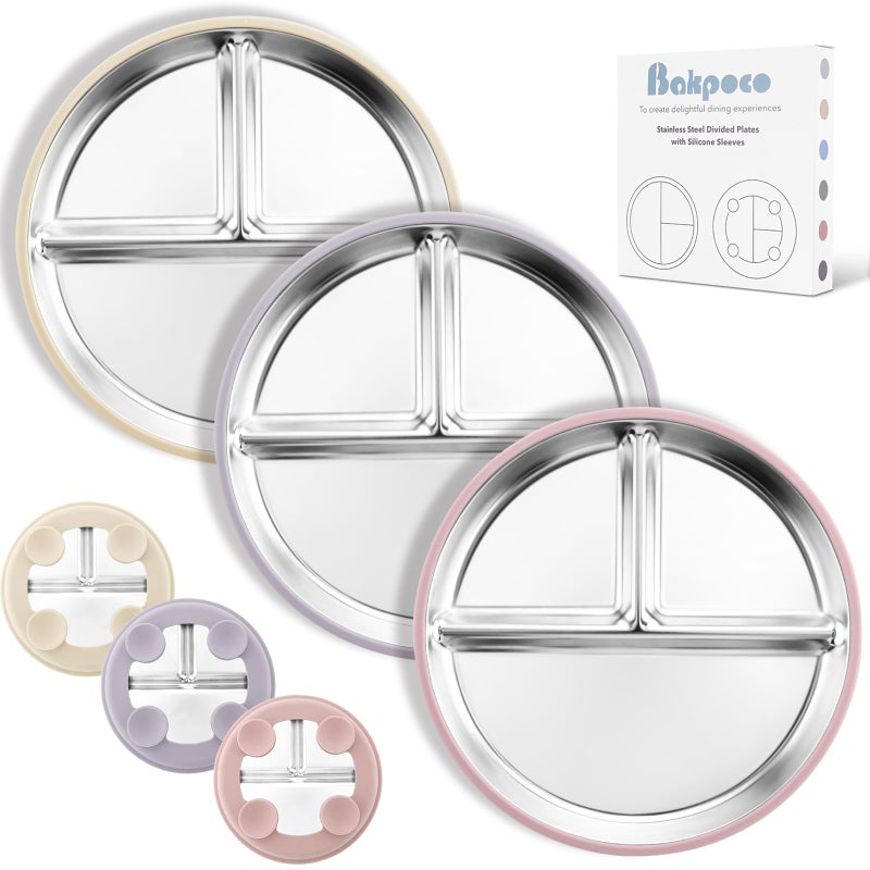Bakpoco Stainless Steel Suction Plates for Toddlers, 9" Divided Kids Baby Plates with Removable Silicone Suction, Non Toxic Non Slip Portion Control Snack Dishes 3 Packs, Pink Beige Lilac - Image 1
