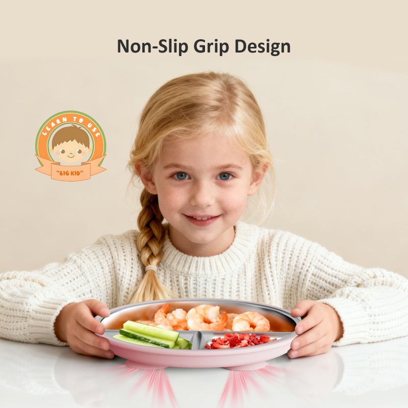 Bakpoco Stainless Steel Suction Plates for Toddlers, 9" Divided Kids Baby Plates with Removable Silicone Suction, Non Toxic Non Slip Portion Control Snack Dishes 3 Packs, Pink Beige Lilac - Image 5