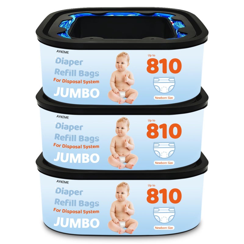 AYKEME Jumbo Square Refills Disposal Bags Compatible With Diaper Genie Compact & Select Pails (Not Fit Classic) Hold Up To 810 Newborn-Sized Diapers Per Refill(3 Pack) - Image 1