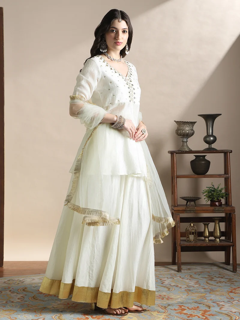 globus Globus Women Off-White Sequin Embroidered Yoke V-Neck Tunic With Gotta lace Flared Hem Skirt & Fringed lace Dupatta Festive Coords Set