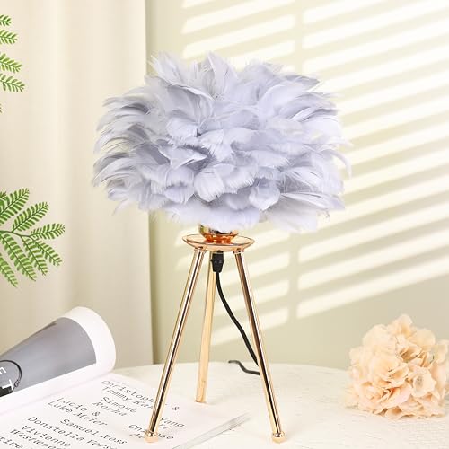 HOME ELEMENTS Feather,Metal Modern Shade Table Lamp with Tripod Stand,LED Night Lamp for Bedroom Living Room Home Decor Warm Light Classic Bedside Desk, Study, Nightstand Lamp(Light Grey) - Image 3