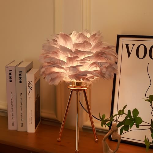 HOME ELEMENTS Feather,Metal Modern Shade Table Lamp with Tripod Stand,LED Night Lamp for Bedroom Living Room Home Decor Warm Light Classic Bedside Desk, Study, Nightstand Lamp(Light Grey) - Image 2