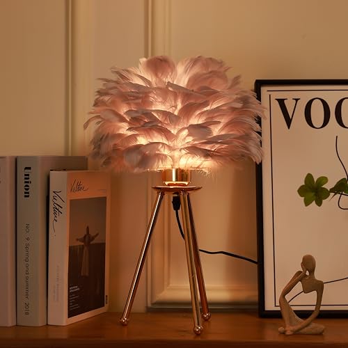 HOME ELEMENTS Feather,Metal Modern Shade Table Lamp with Tripod Stand,LED Night Lamp for Bedroom Living Room Home Decor Warm Light Classic Bedside Desk, Study, Nightstand Lamp(Light Grey) - Image 1