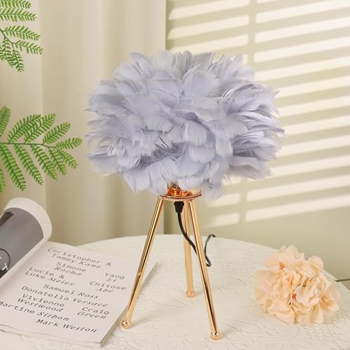 HOME ELEMENTS Feather,Metal Modern Shade Table Lamp with Tripod Stand,LED Night Lamp for Bedroom Living Room Home Decor Warm Light Classic Bedside Desk, Study, Nightstand Lamp(Light Grey) - Image 4