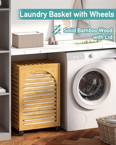 Vriccc Laundry Hamper with Wheels, Laundry Basket with Lid, 22.5Gallon (85L) Bamboo Wood Clothes Laundry Hamper 2 Section with Handles, Removable Liner - Image 2