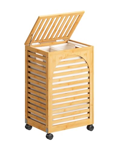 Vriccc Laundry Hamper with Wheels, Laundry Basket with Lid, 22.5Gallon (85L) Bamboo Wood Clothes Laundry Hamper 2 Section with Handles, Removable Liner - Image 1
