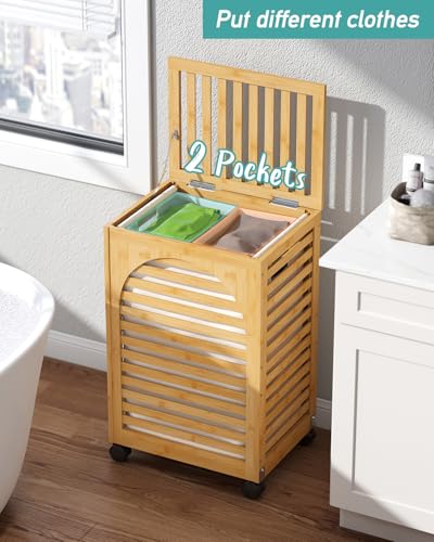 Vriccc Laundry Hamper with Wheels, Laundry Basket with Lid, 22.5Gallon (85L) Bamboo Wood Clothes Laundry Hamper 2 Section with Handles, Removable Liner - Image 4