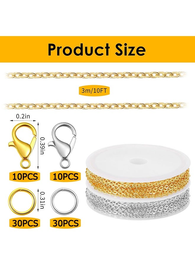 Wffo 20 Feet Necklace Chains 3mm Jewelry Making Chains for Necklace Earring Bracelet Jewelry Making Supplies, Metal Chain Necklace with Lobster Clasps and Jump Rings for DIY Craft, Silver & Gold - Image 2