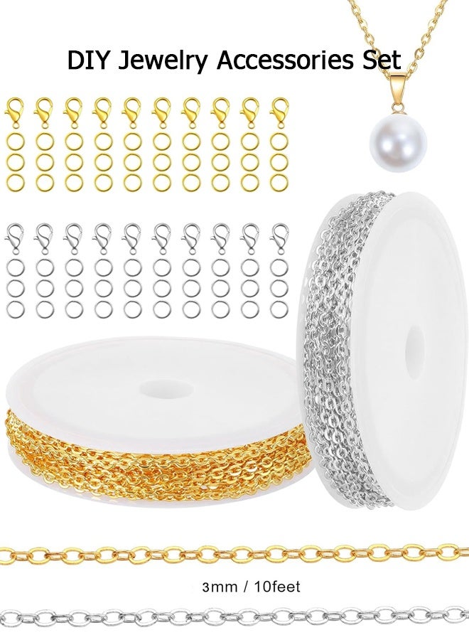 Wffo 20 Feet Necklace Chains 3mm Jewelry Making Chains for Necklace Earring Bracelet Jewelry Making Supplies, Metal Chain Necklace with Lobster Clasps and Jump Rings for DIY Craft, Silver & Gold - Image 1